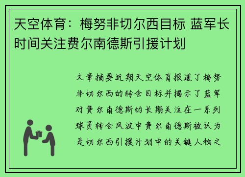 天空体育：梅努非切尔西目标 蓝军长时间关注费尔南德斯引援计划