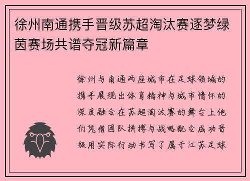 徐州南通携手晋级苏超淘汰赛逐梦绿茵赛场共谱夺冠新篇章