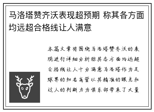 马洛塔赞齐沃表现超预期 称其各方面均远超合格线让人满意